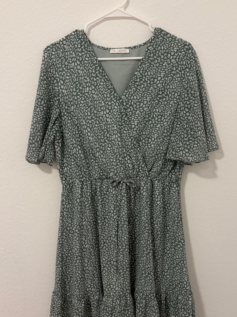 Kirundo Green and White Floral Print Knee Length Dress Cottagecore Ruffle SZ‎ L - Picture 4 of 5